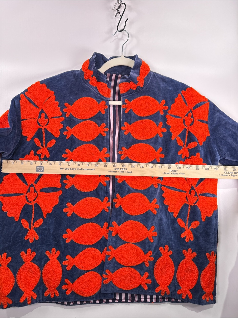 Vintage Velvet Floral Appliqué Jacket Blue Orange Striped Lined Fits Size M L - Picture 9 of 10